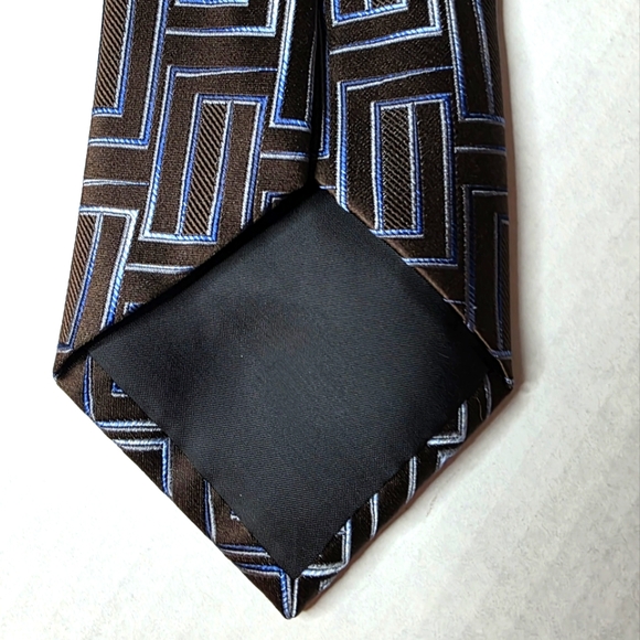 STAFFORD Geometric Brown and Blue Men's Silk Tie - Picture 6 of 8